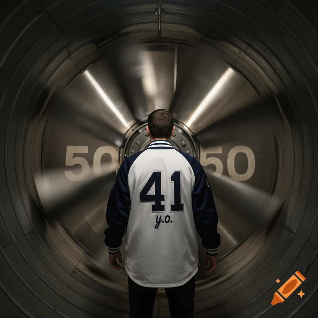A person in a baseball jacket with "41 y.o." on the back stands before a large metal fan in a tunnel, with the number "50" visible behind it.