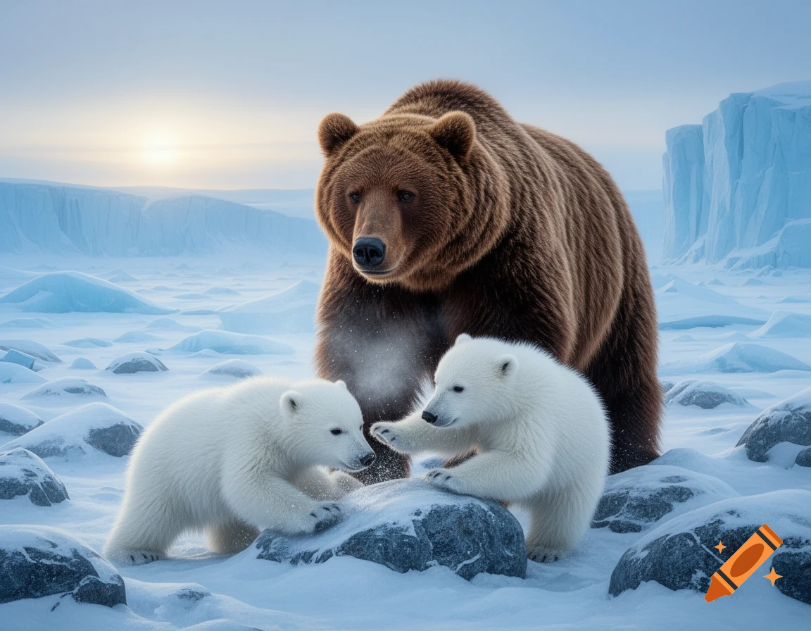 A brown bear stands over two playful white polar bear cubs in a snowy, icy arctic landscape with a soft sunset.