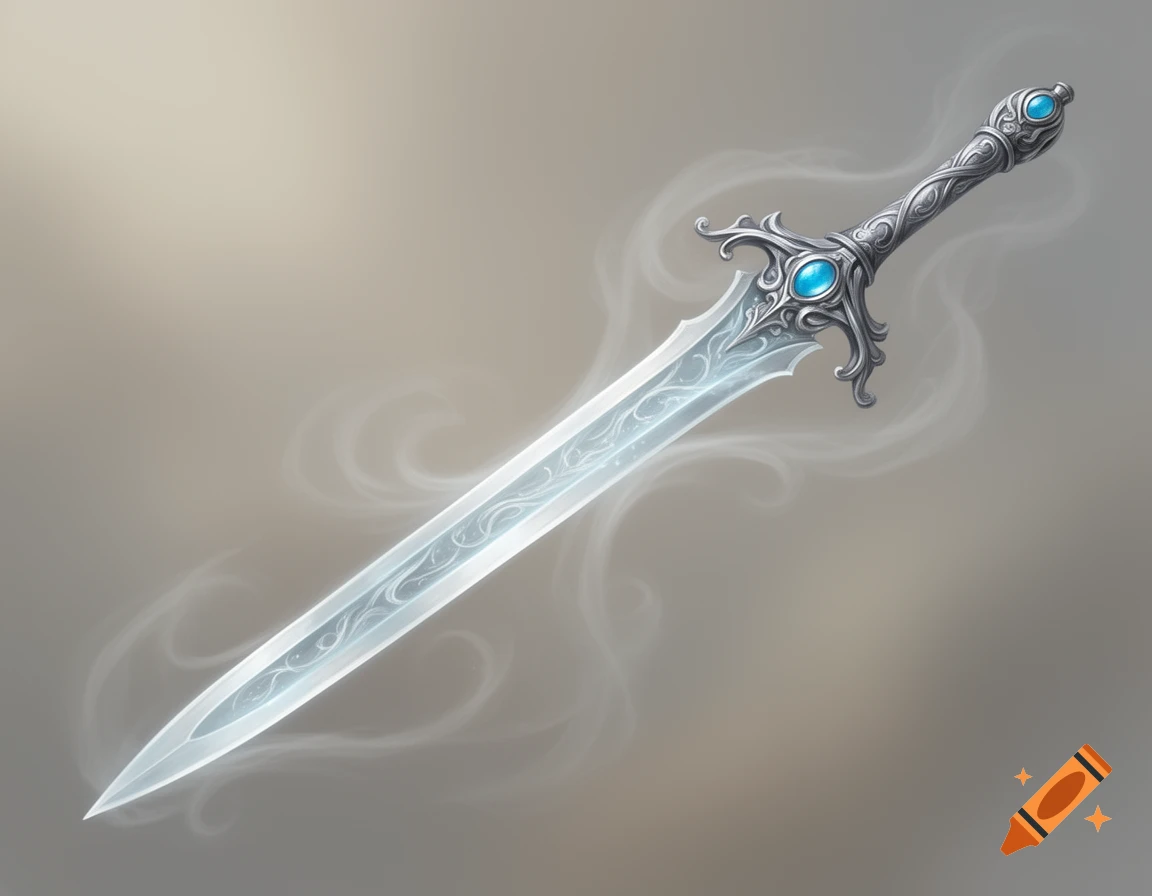 A glowing, ornate fantasy sword with a silver hilt and blue gems, surrounded by wisps of mist, on a neutral background.