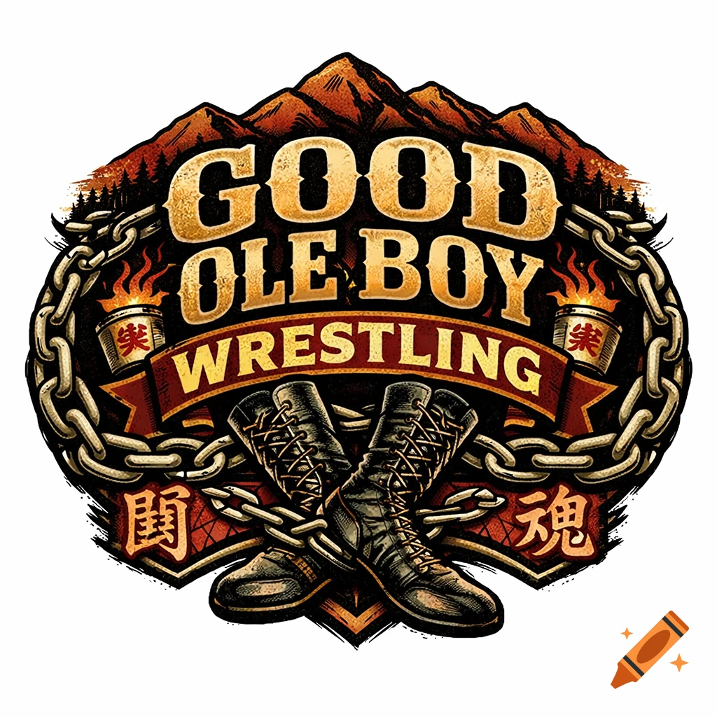 A vintage-style wrestling logo with 'GOOD OLE BOY WRESTLING' text, mountain silhouette, chains, and combat boots.