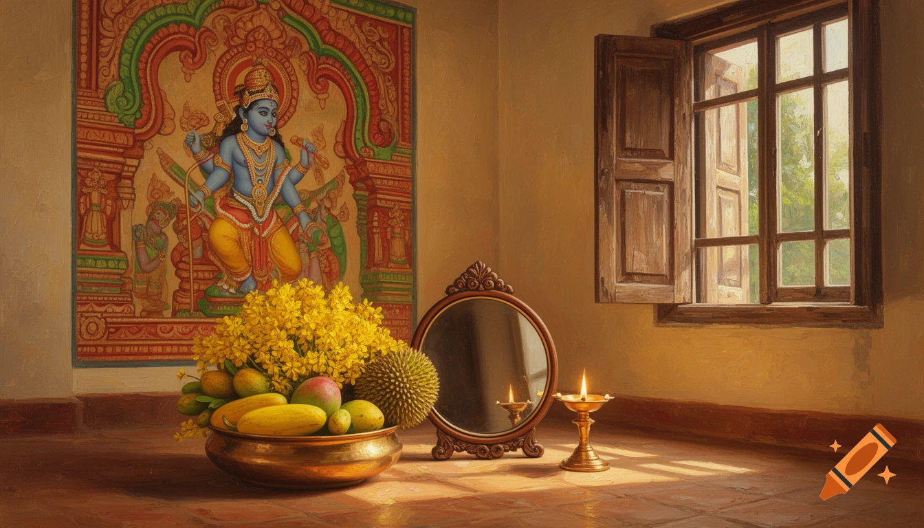 Oil painting of a traditional Indian Vishu Kani arrangement in a sunlit room with a Lord Krishna mural, fruits, flowers, mirror, and lamp.