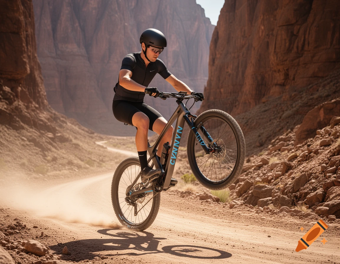 A man in black sportswear performs a wheelie on a mountain bike on a dusty desert path, with rocky canyons in the background.