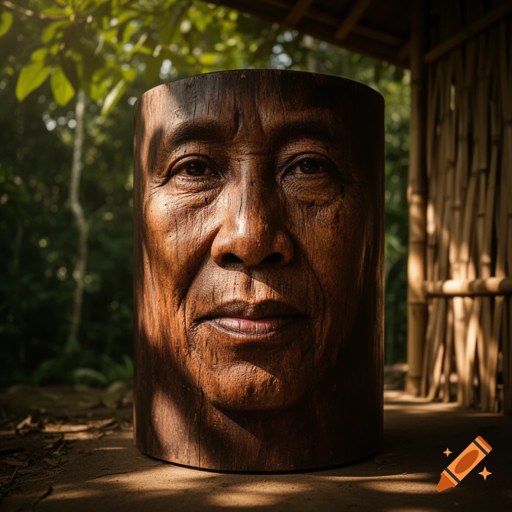 Close-up of a detailed wooden carving of an elderly man's face on a log, bathed in sunlight within a jungle setting.