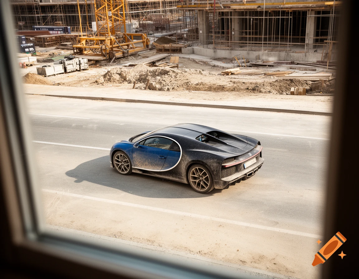 A dirty blue and black Bugatti Chiron supercar is parked on a road next to a bustling construction site, viewed through a window frame.