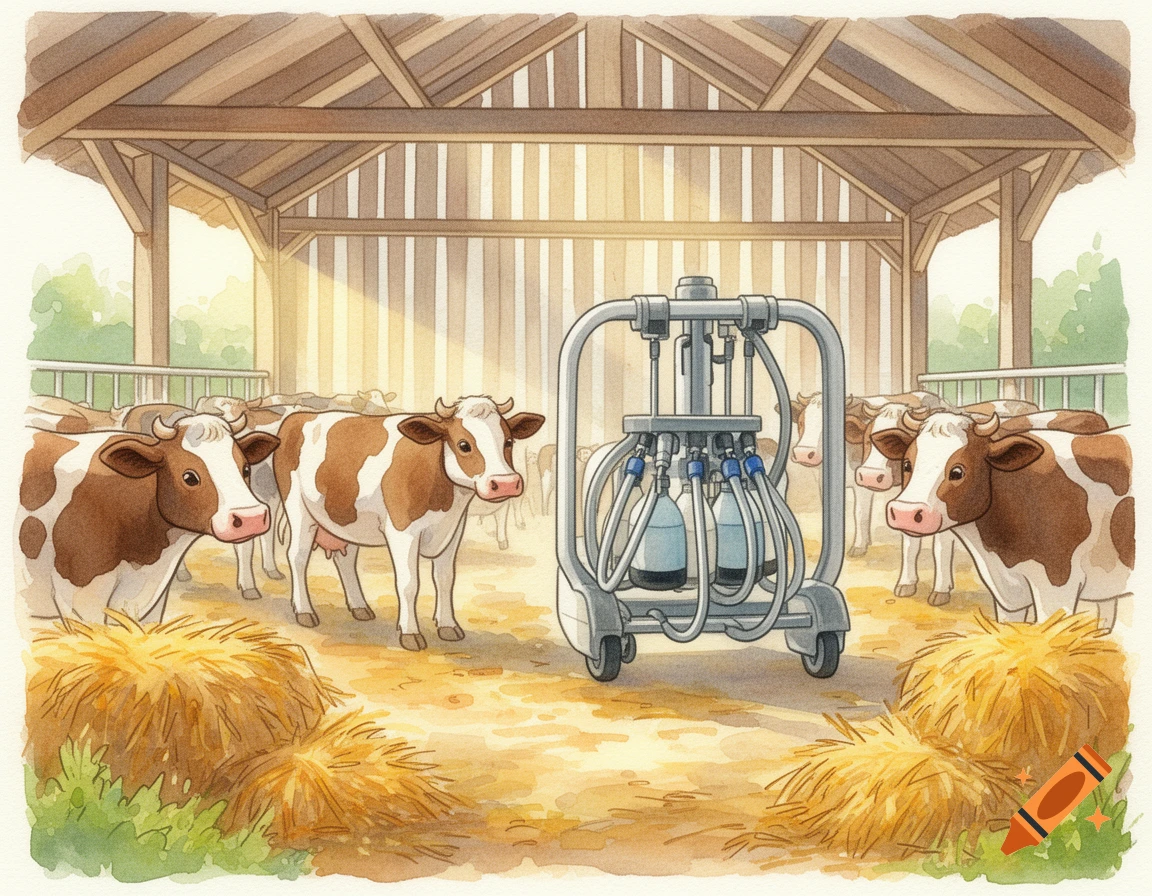Brown and white cows stand in a sunlit barn with a milking machine and hay bales, in a watercolor style.