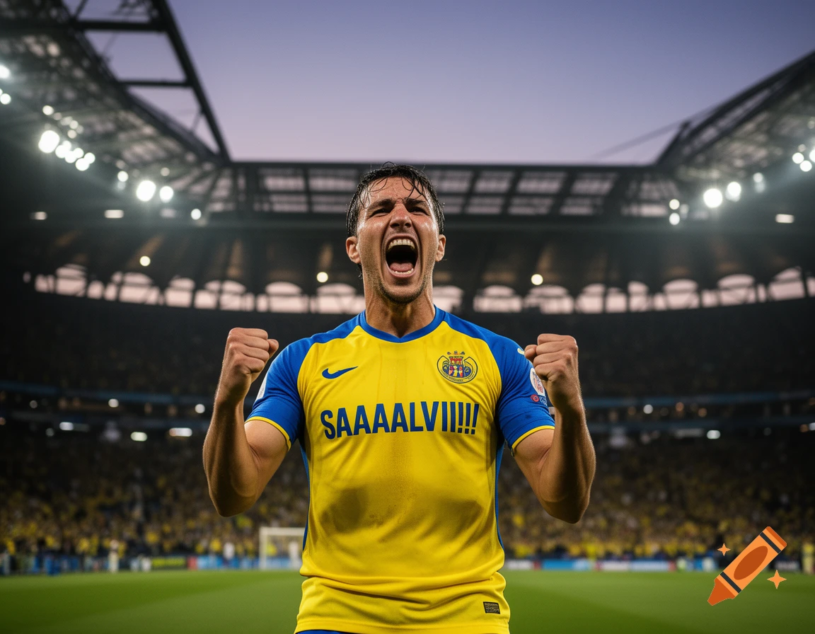 A photorealistic male soccer player in a yellow and blue uniform cheers with clenched fists in a brightly lit stadium.