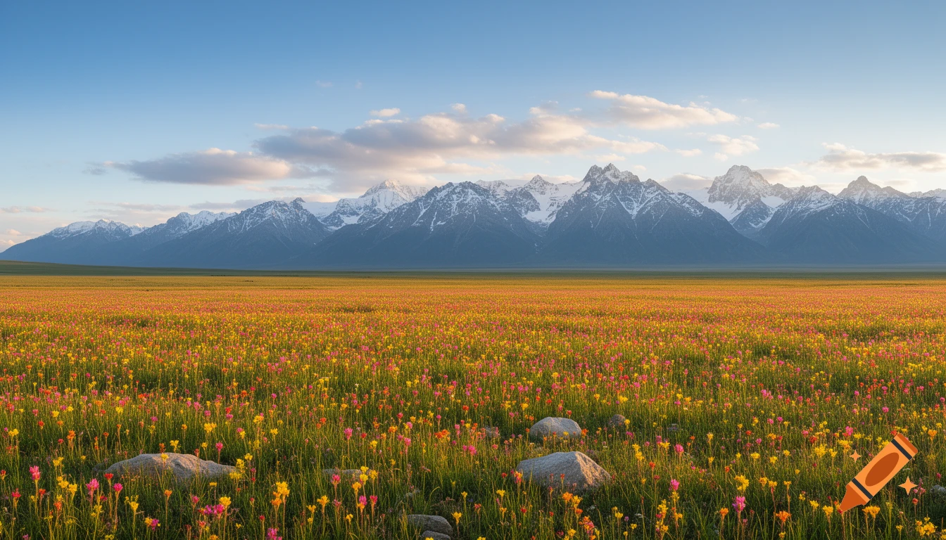 Panoramic view of a vibrant field of colorful wildflowers with snow-capped mountains under a blue sky.
