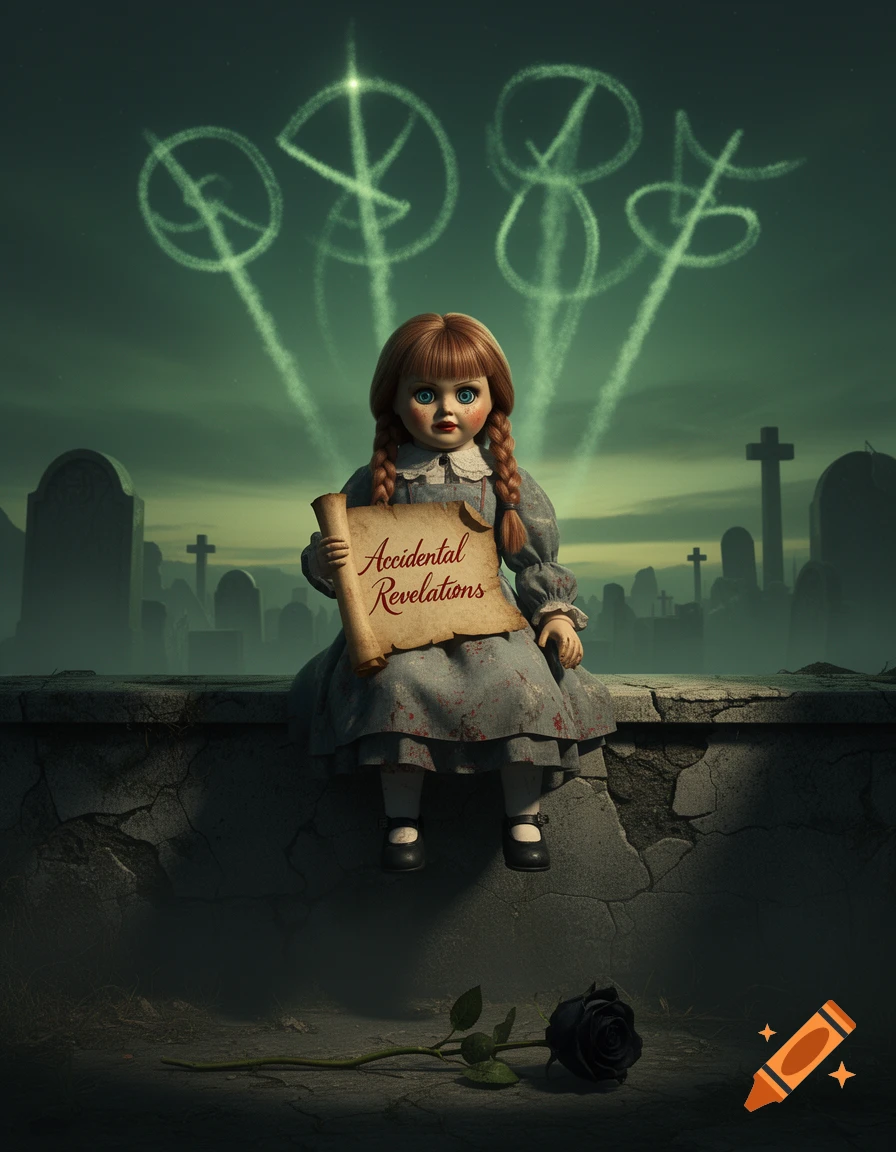 A creepy Annabelle-like doll sits on a crumbling cemetery wall, holding a scroll, under a sickly green sky with glowing occult symbols.