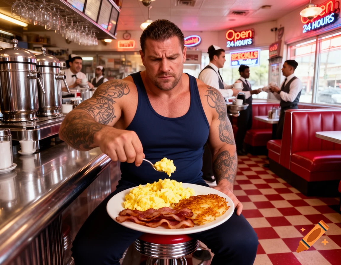 A muscular man with tattoos eats a large breakfast of eggs, bacon, and hash browns at a retro diner counter, with waiters in the background.