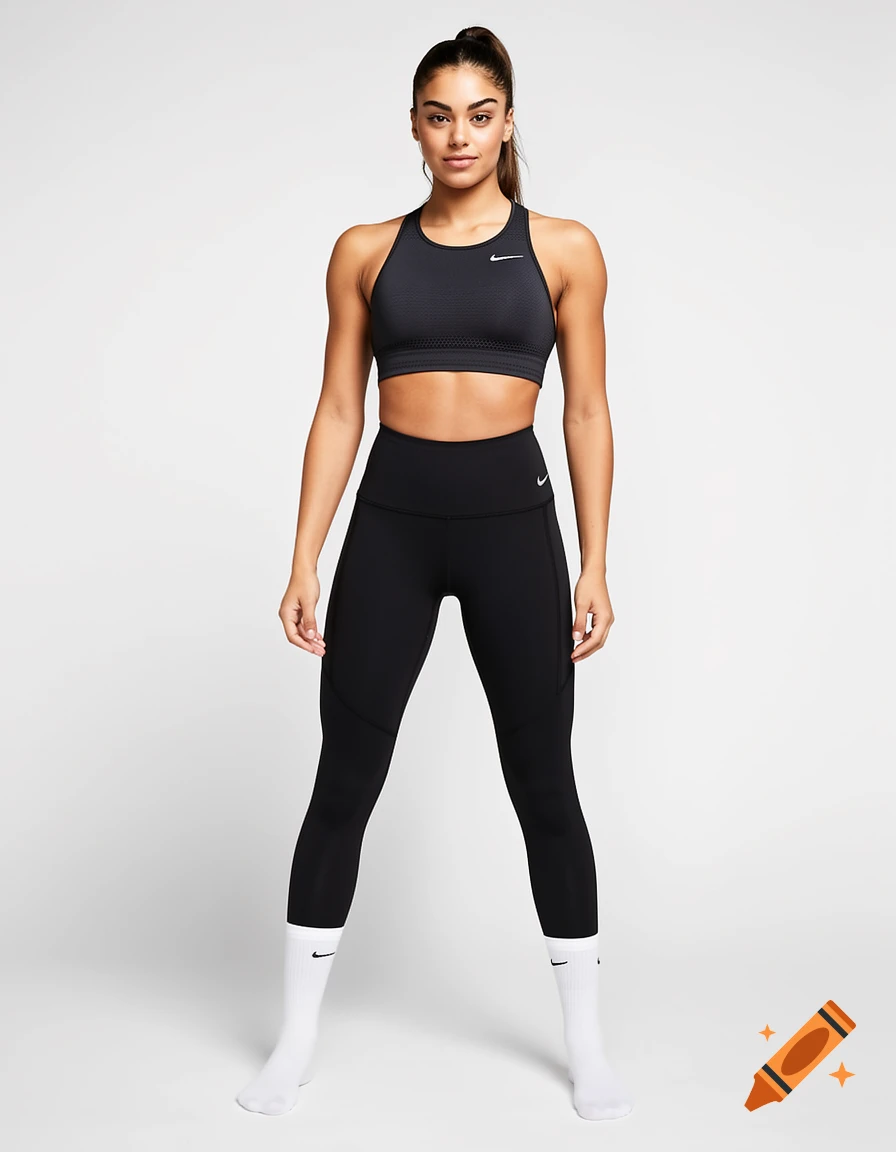 A fit woman in a black Nike sports bra and leggings, with white Nike socks, standing against a white background.