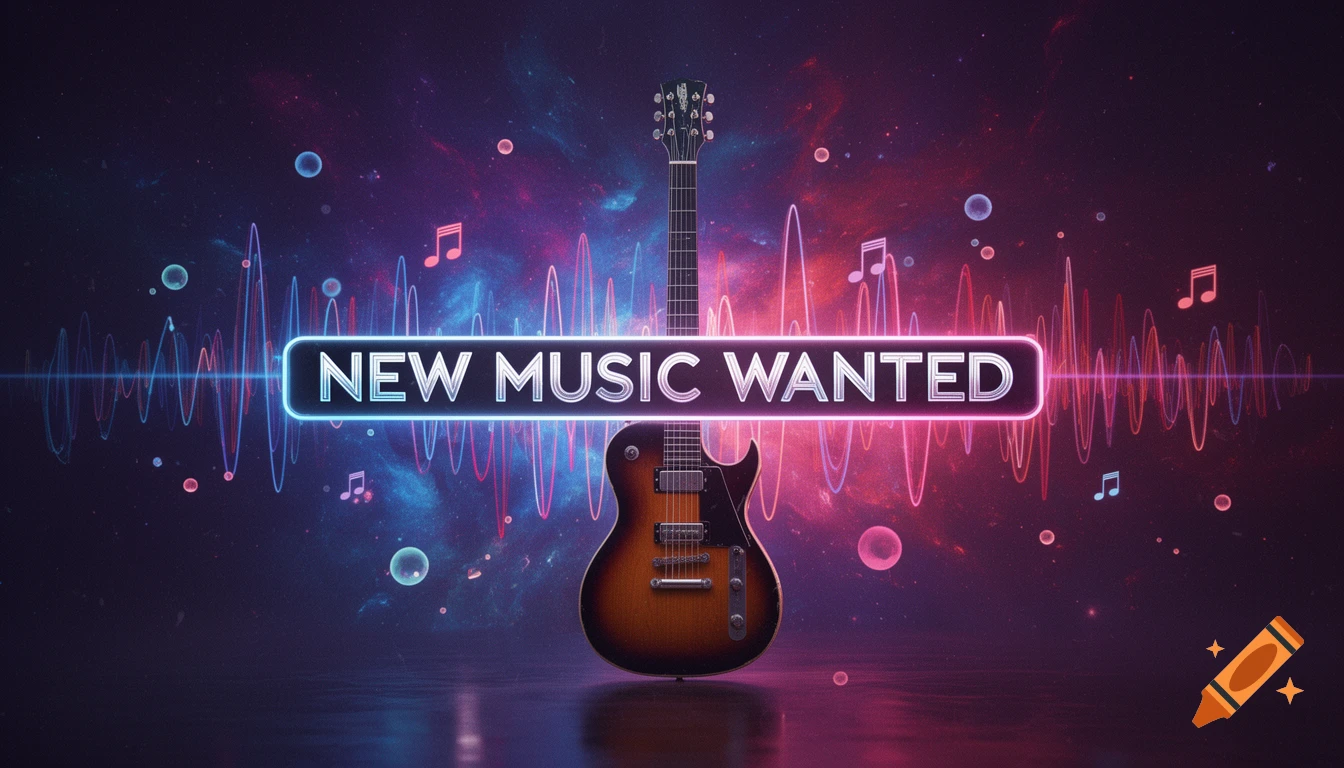 An electric guitar stands on a reflective surface against a vibrant, abstract background of sound waves and music notes, with a neon sign reading 'NEW MUSIC WANTED'.