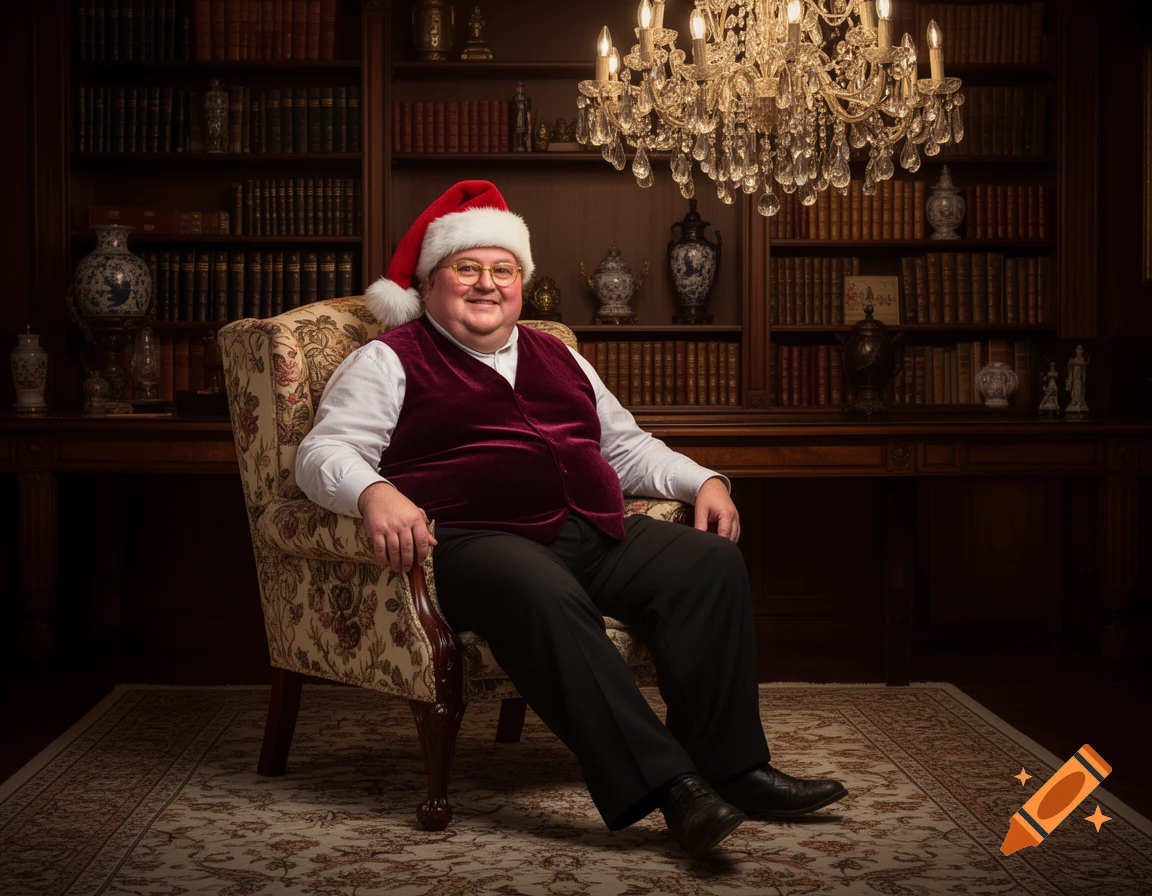 A portly, smiling man in a Santa hat and maroon velvet vest sits in an ornate armchair in an elegant library with a chandelier.