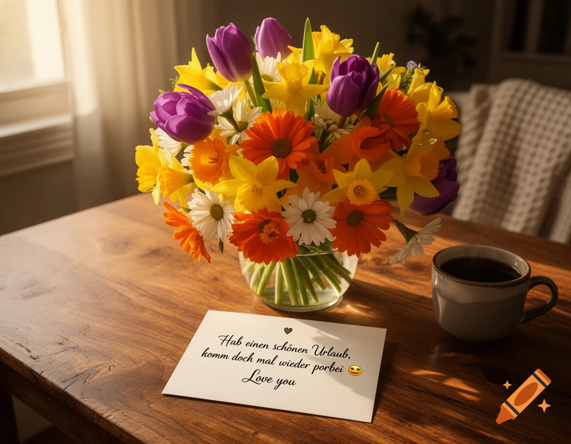 Vibrant spring flower bouquet with a greeting card and coffee mug on a wooden table, sunlit from a window.