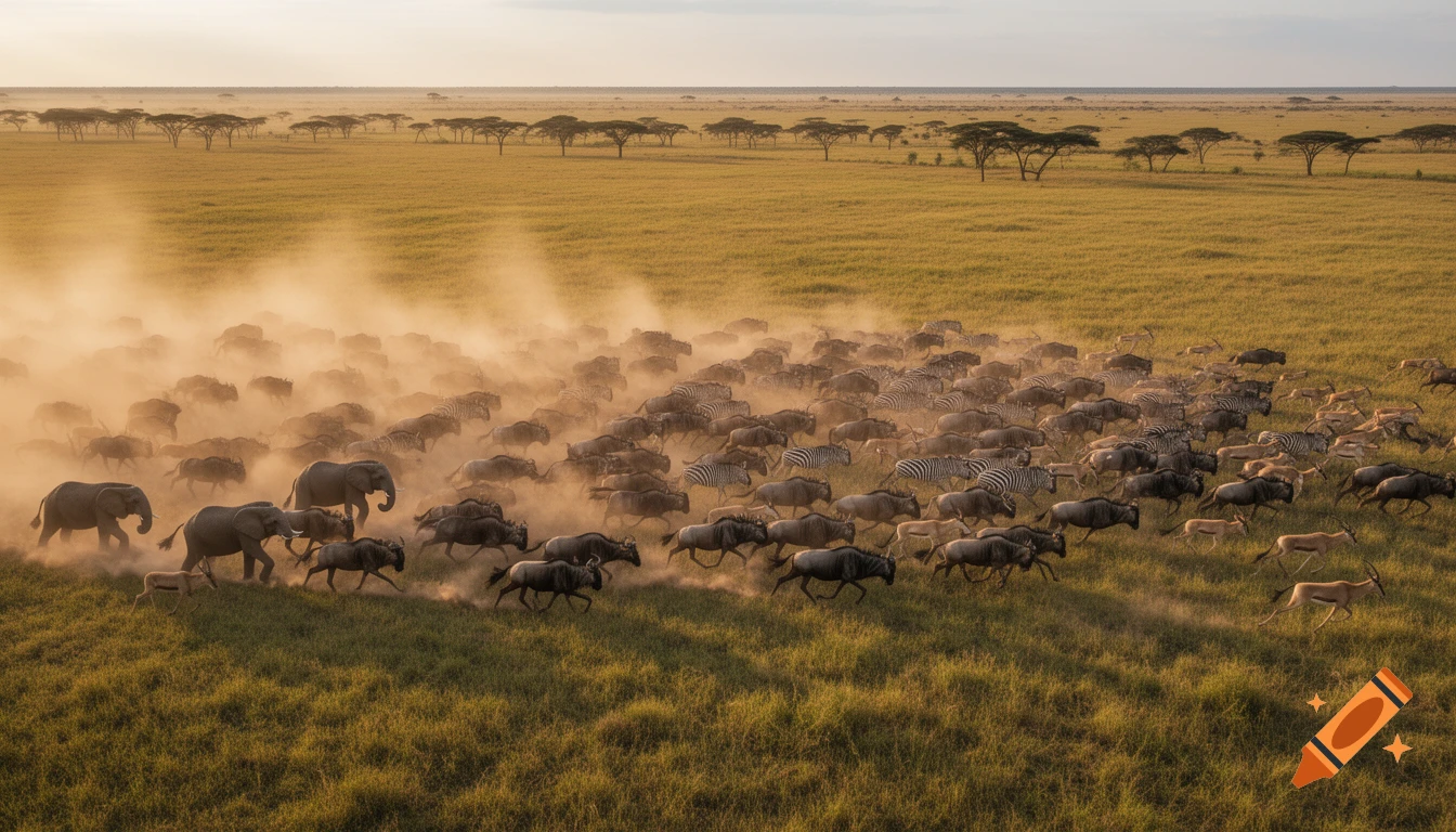 A large herd of elephants, wildebeest, zebras, and gazelles stampeding across a dusty, golden savanna at sunset.