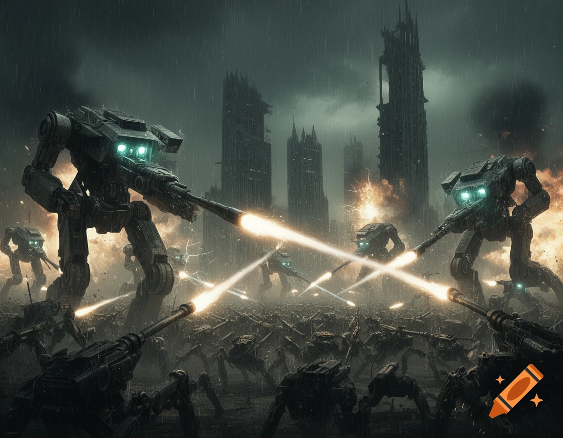 Giant mechs battle an endless machine army in a dark, rainy, apocalyptic city, firing lasers amidst explosions.