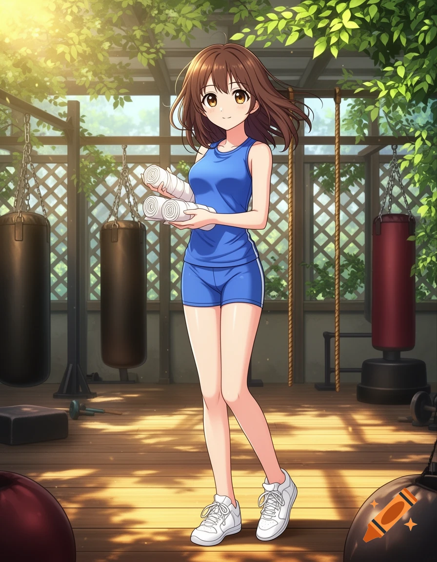 An anime girl with brown hair in blue sportswear holds rolled towels in a sunny outdoor gym with punching bags.