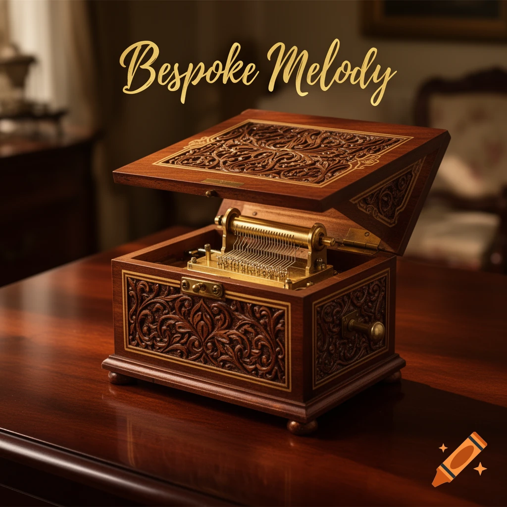 Ornate wooden music box open on a polished table with gold mechanisms and 'Bespoke Melody' text.