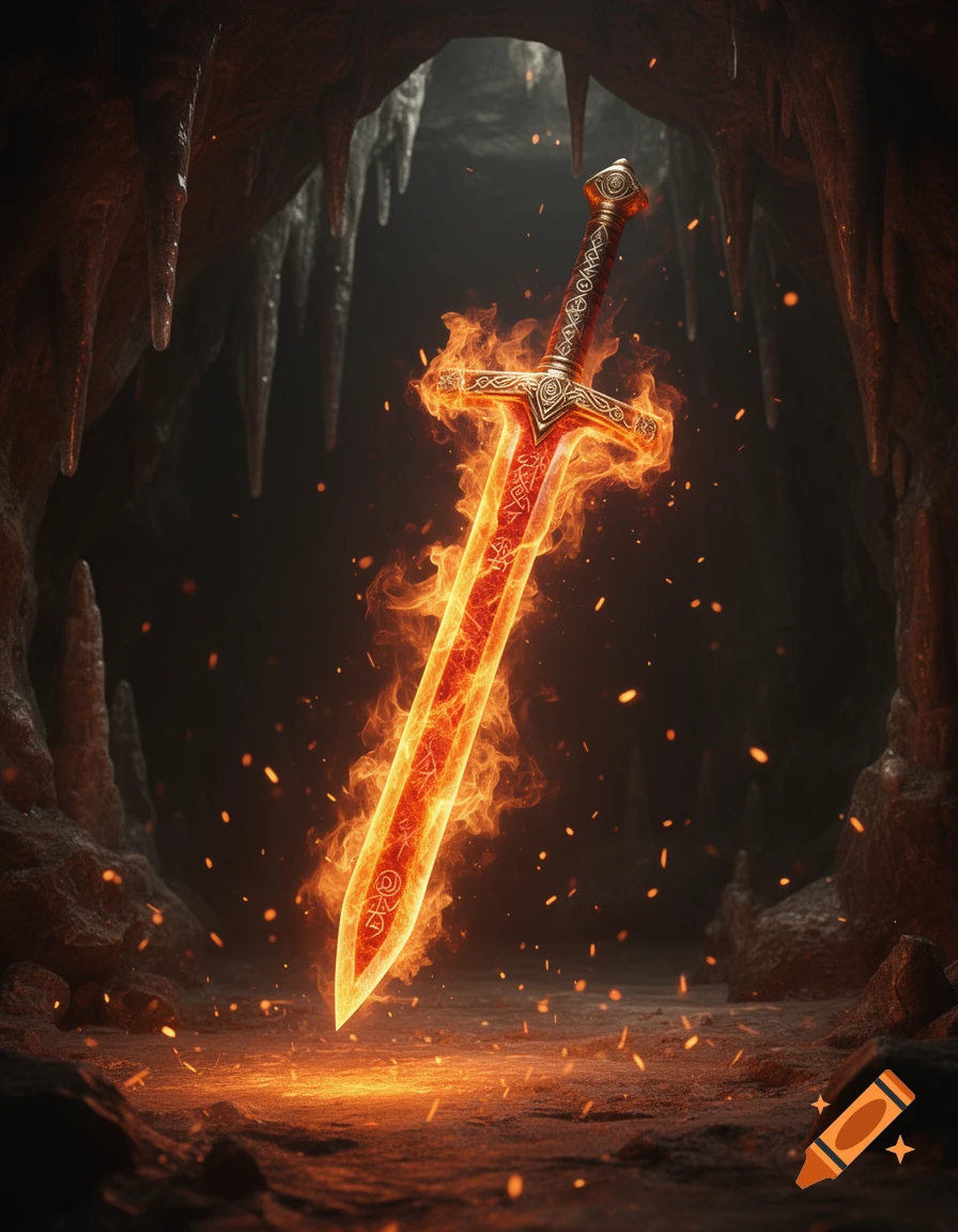 A glowing fiery sword stands upright in a dark, rocky cave with embers floating around it, digital art.