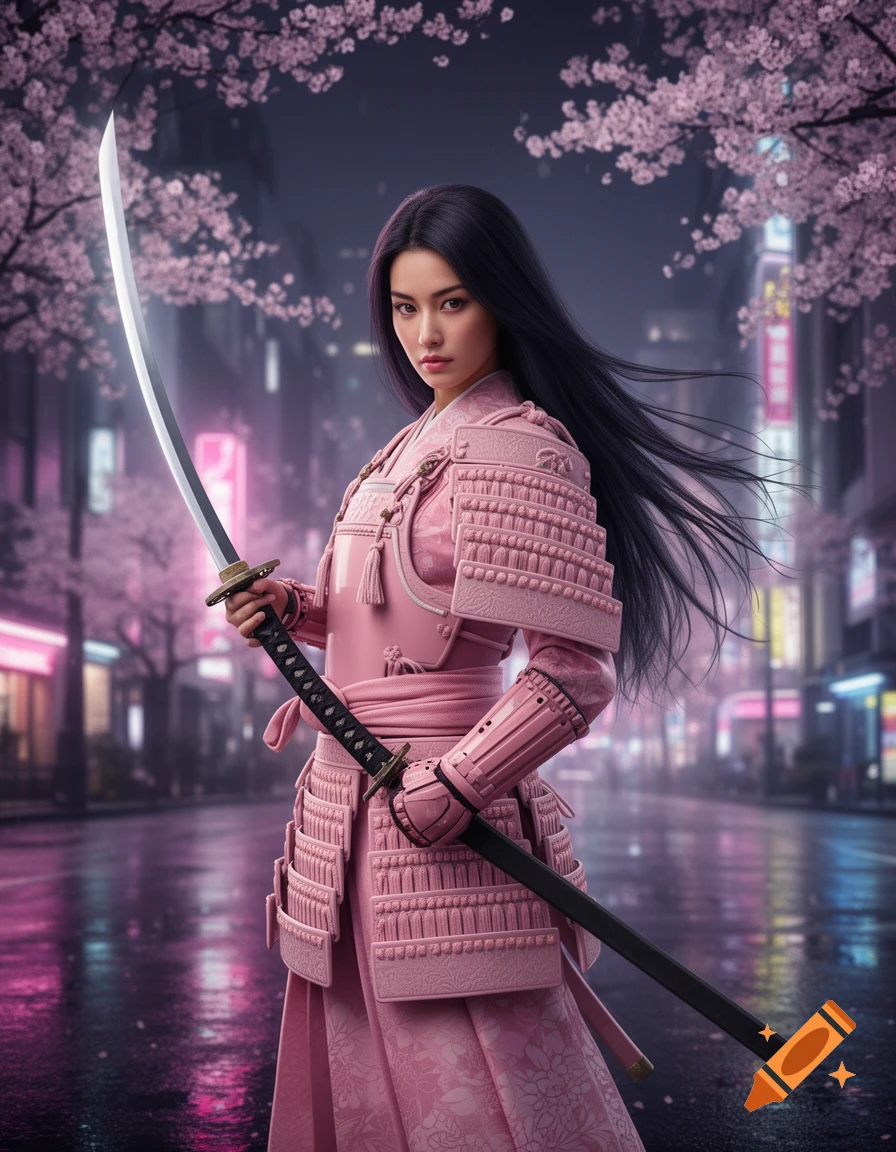 A photorealistic samurai woman in pink armor holds a katana on a neon-lit urban street under cherry blossoms.