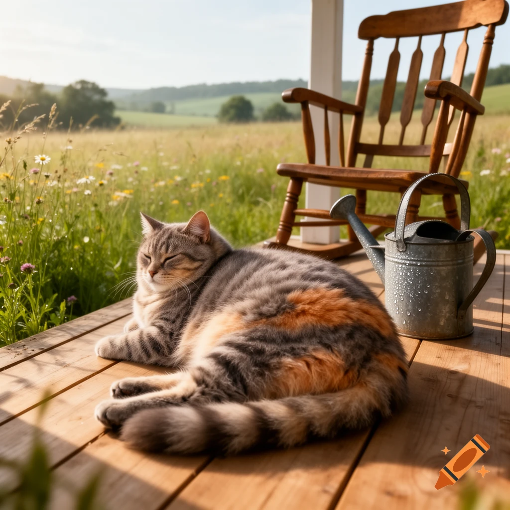 A tabby cat with orange markings rests on a wooden porch bathed in sunlight, overlooking a green field and hills.