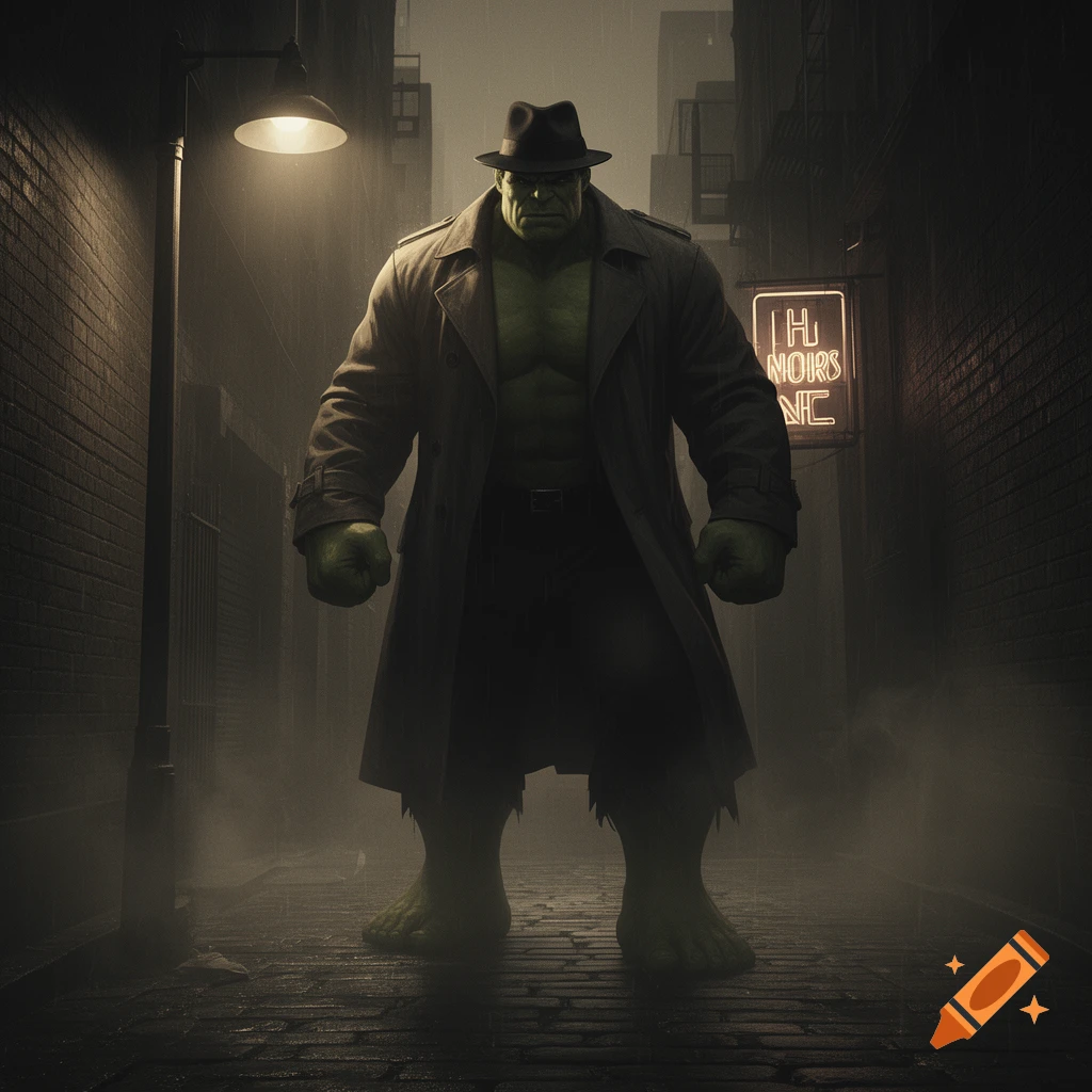 Hulk in a trench coat and fedora stands in a dark, rainy alley under a streetlamp in a noir style.