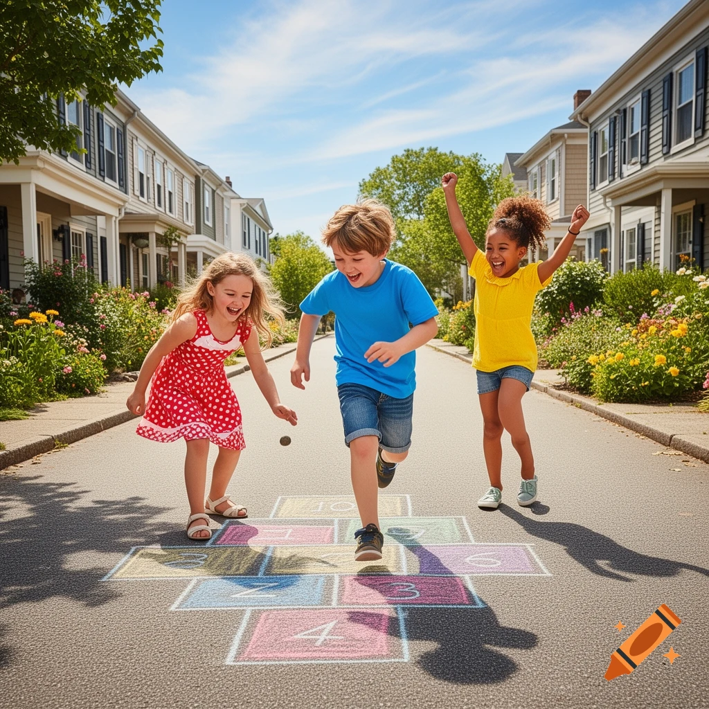 Three cheerful children playing hopscotch on a sunny suburban street lined with houses and flowers.