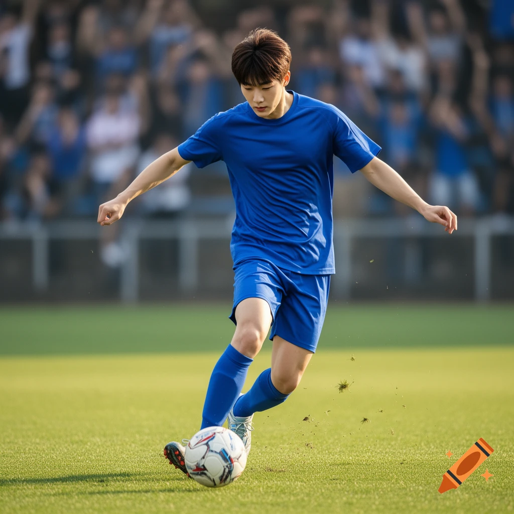 Young man in blue uniform playing soccer on a green field during a game.
