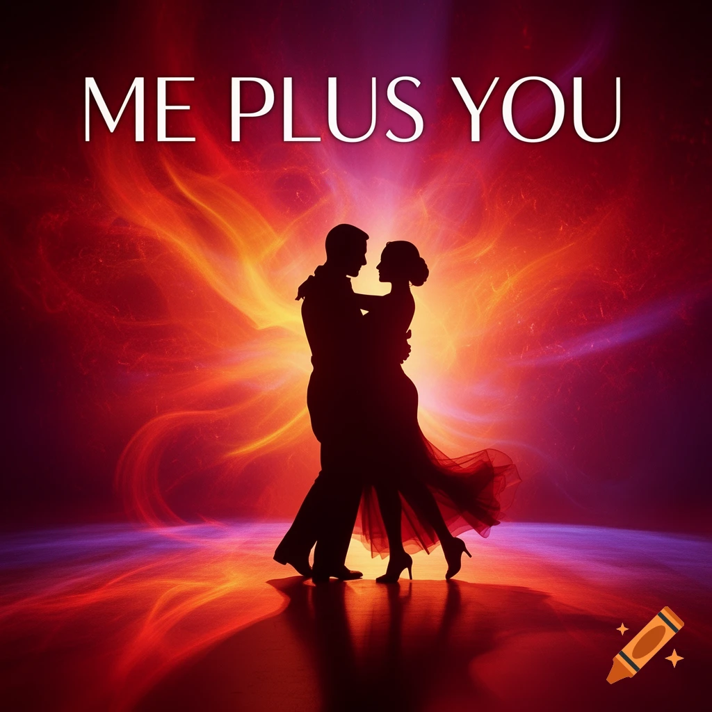 Silhouettes of a man and woman dancing, embraced, against a vibrant red and orange fiery background with text 'ME PLUS YOU'.