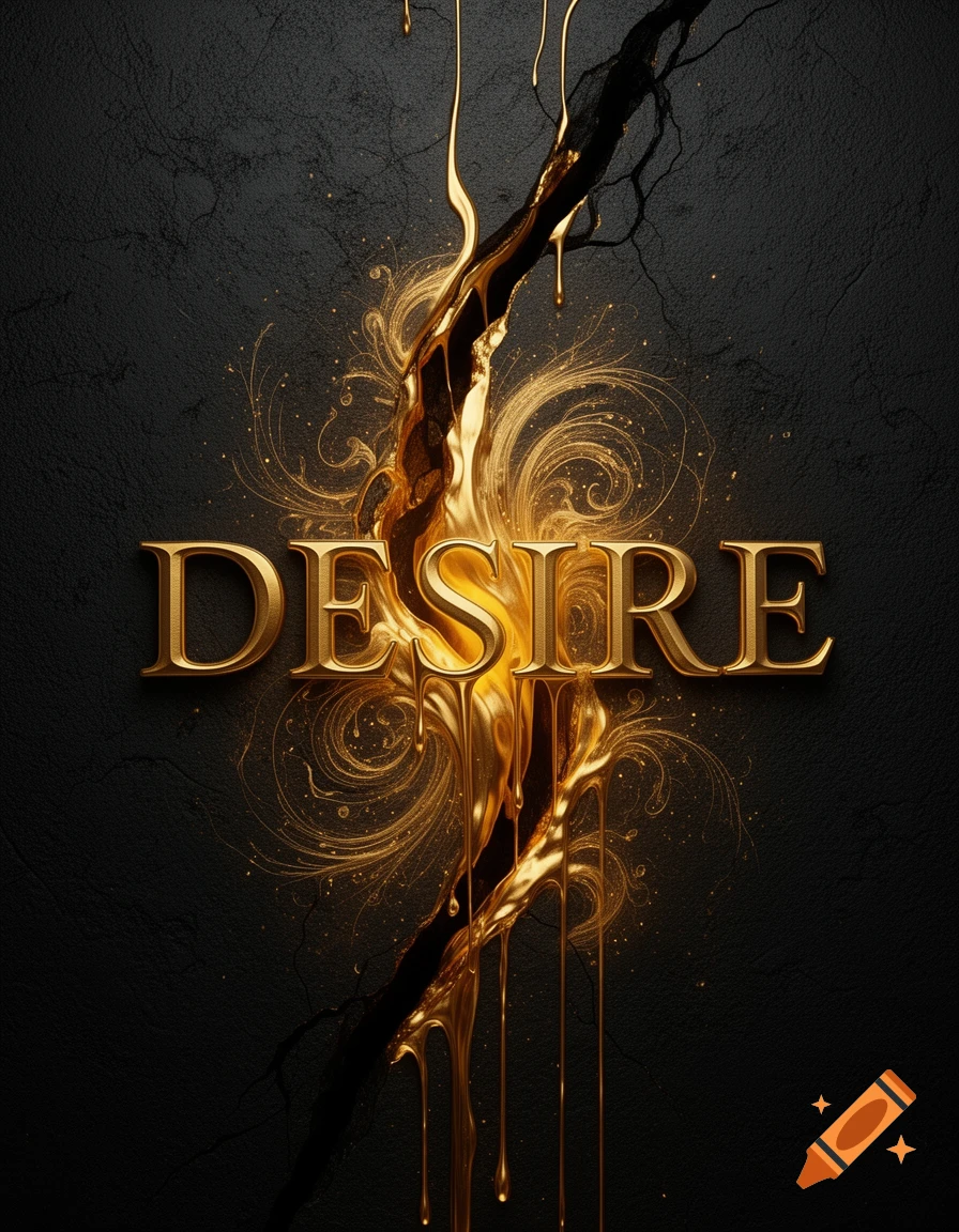 The golden word DESIRE melts through a dark crack on a textured black background, with swirling gold liquid.