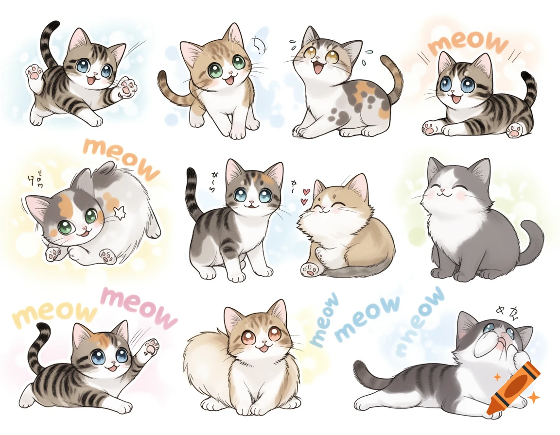 A grid of ten cute cartoon cats in various playful poses and expressions, with text 'meow' floating around some of them.