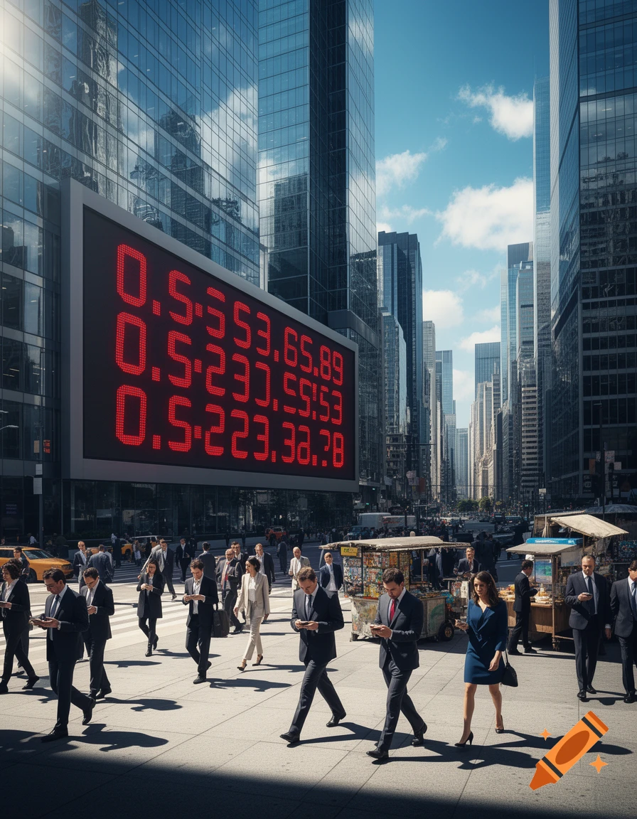 A busy city street with a large red digital display showing stock-like numbers on the side of a modern skyscraper, with people in business attire walking across a sunlit pavement.
