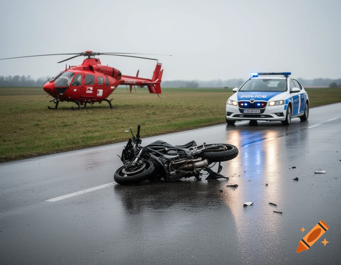 A black motorcycle lies crashed on a wet road, with a red rescue helicopter in a field and a police car with flashing lights approaching.