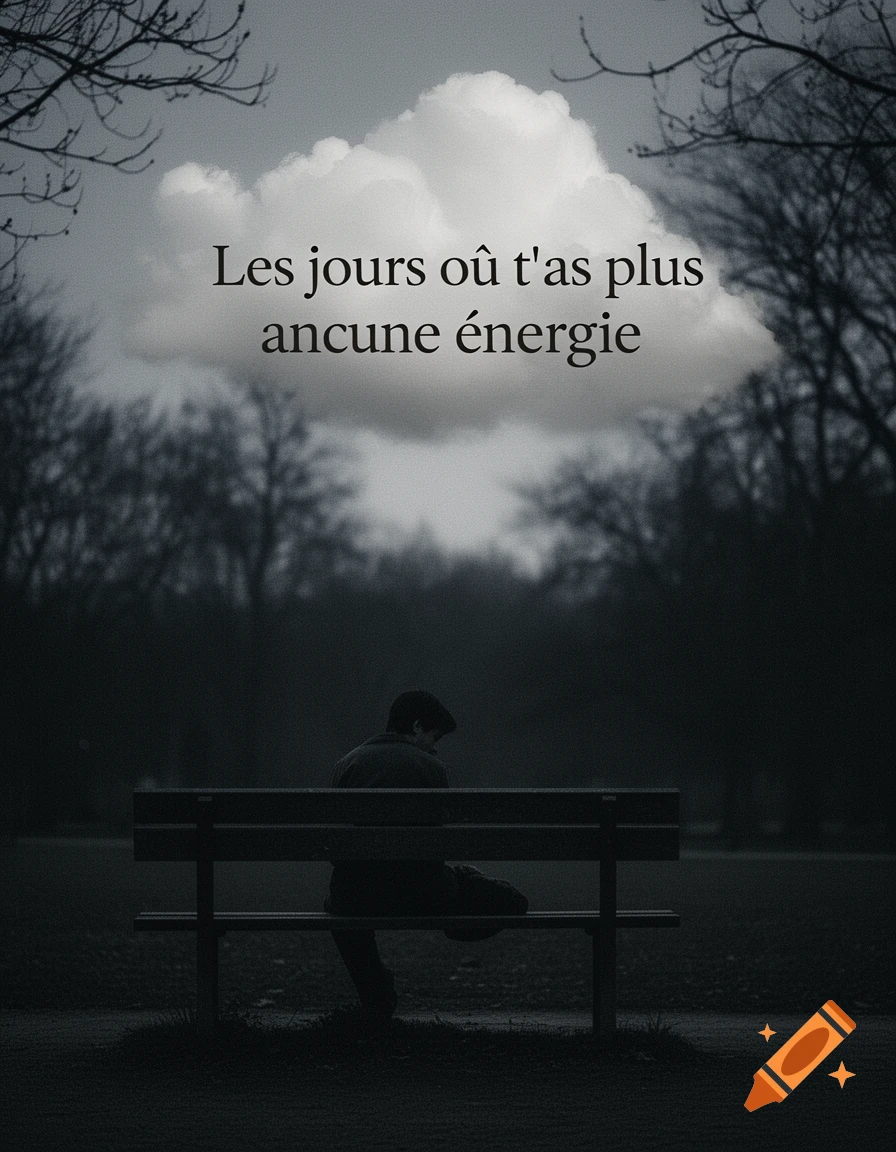 A person sits alone on a park bench in a dark, monochromatic, melancholic scene, with text 'The days when you have no more energy' above.