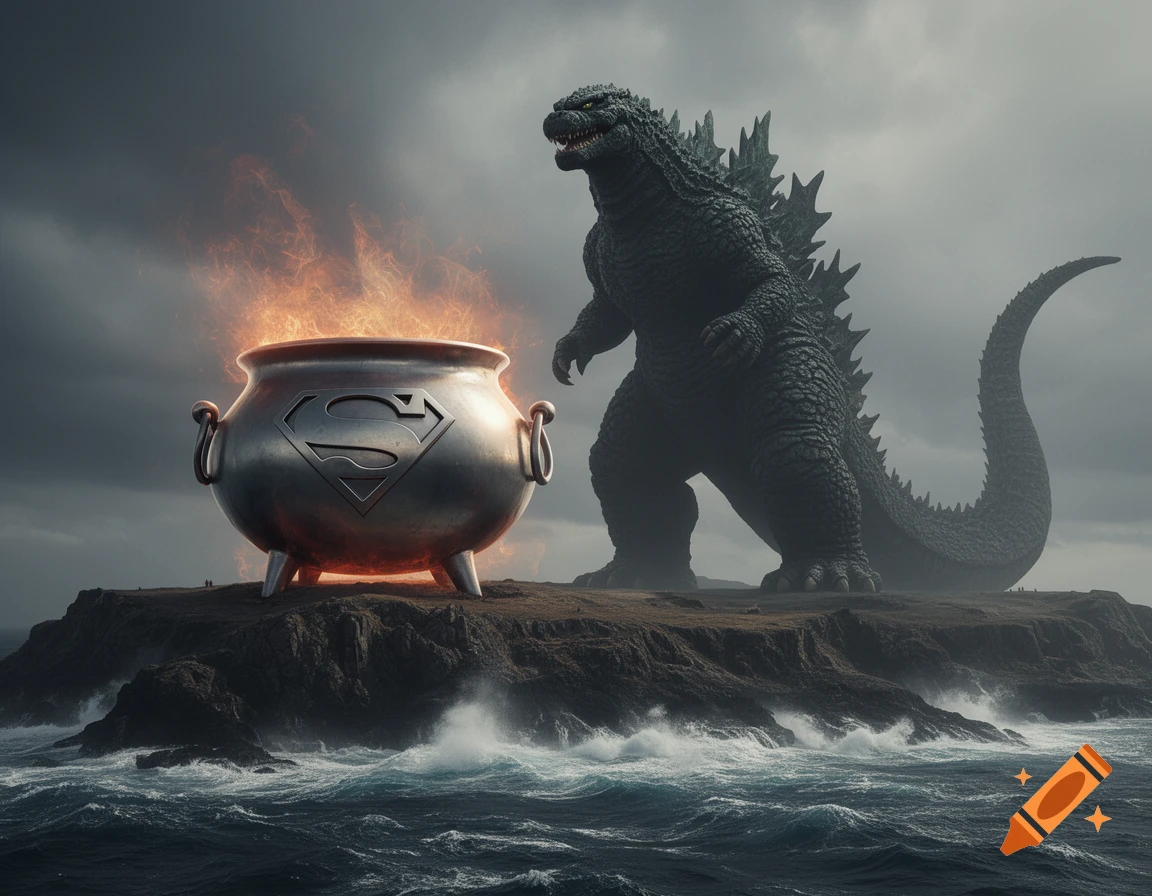 Godzilla stands on a rocky island next to a glowing cauldron with a Superman logo, surrounded by rough seas under a cloudy sky.