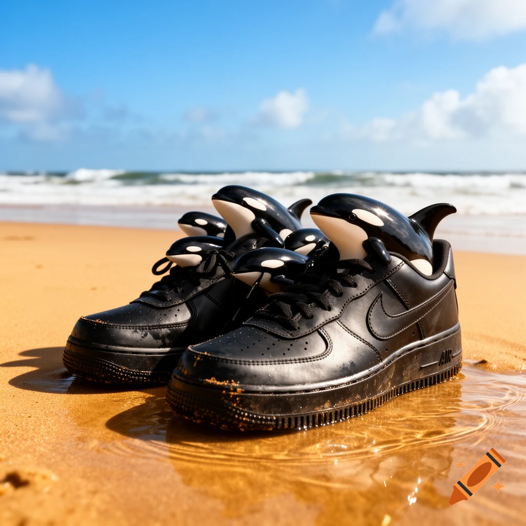 Black Nike Air Force 1 sneakers filled with killer whale figurines sit on a sandy beach with ocean waves in the background, photorealistic.