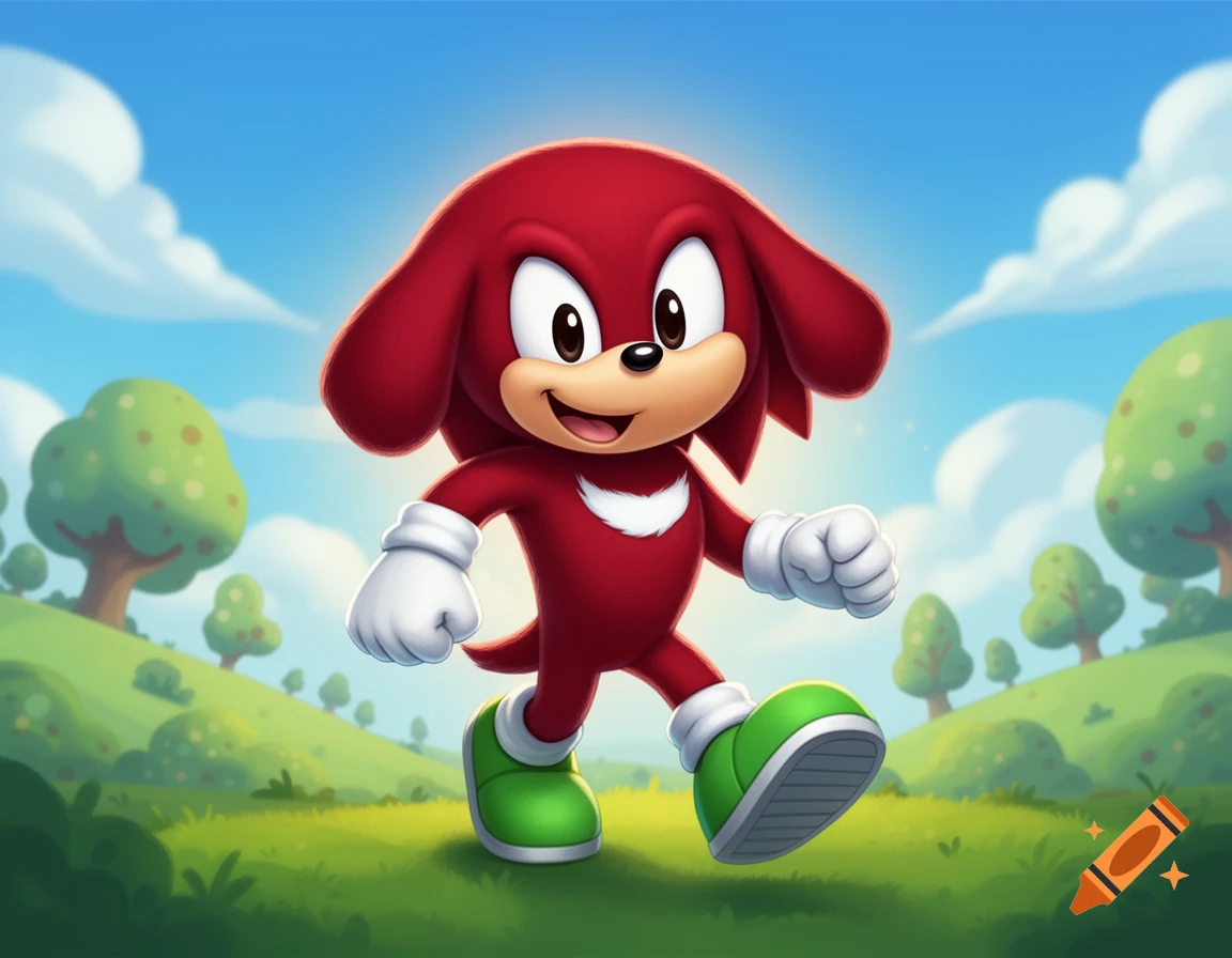 A cartoon red dog-like character with large ears, white gloves, and green shoes walks happily in a sunny green field with trees.