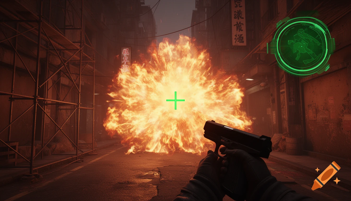 First-person view in a gritty urban alley, holding a pistol. A large fiery explosion erupts in the center, with a green crosshair over it. A green HUD is in the corner.