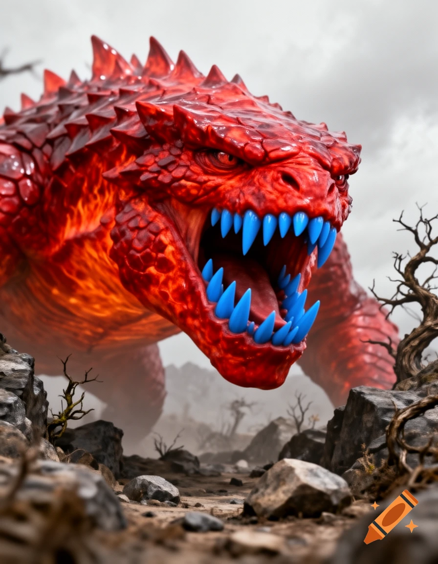 A giant, spiky red monster with bright blue fangs roars in a desolate, rocky landscape.