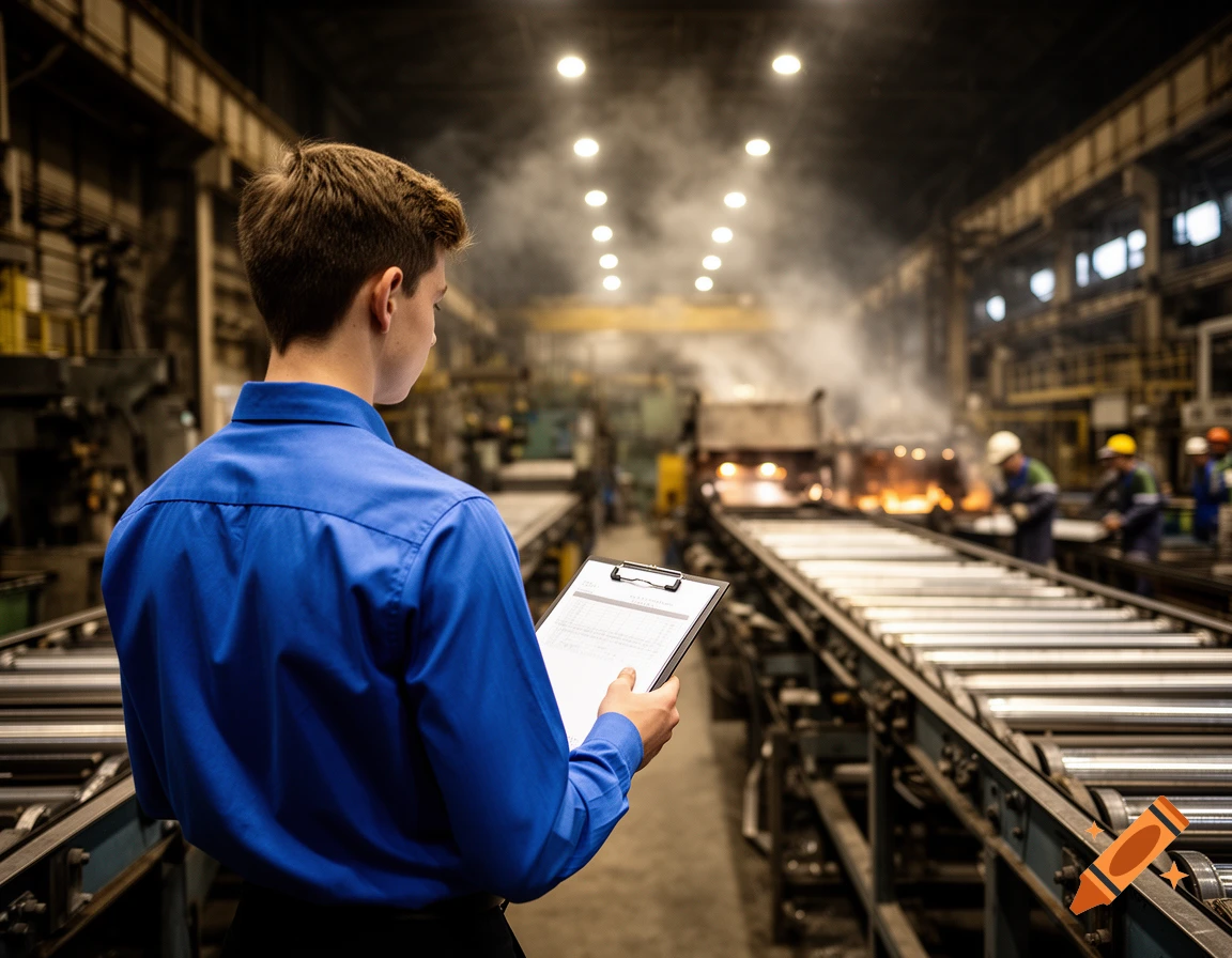 A young man in a blue shirt holds a clipboard, viewed from behind, overseeing a busy, smoky industrial factory floor with machinery and workers.