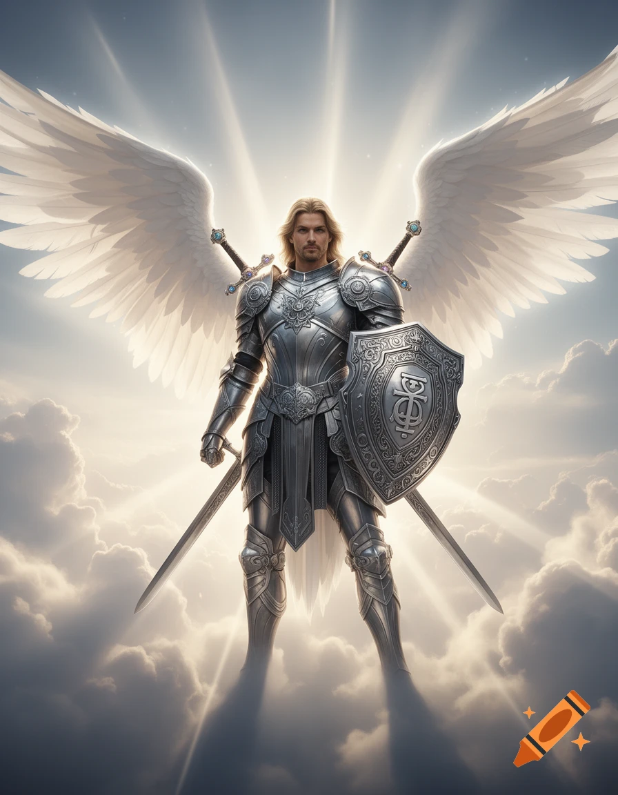 A majestic archangel in detailed silver armor with large white wings stands holding a sword and shield, bathed in divine light in the clouds.