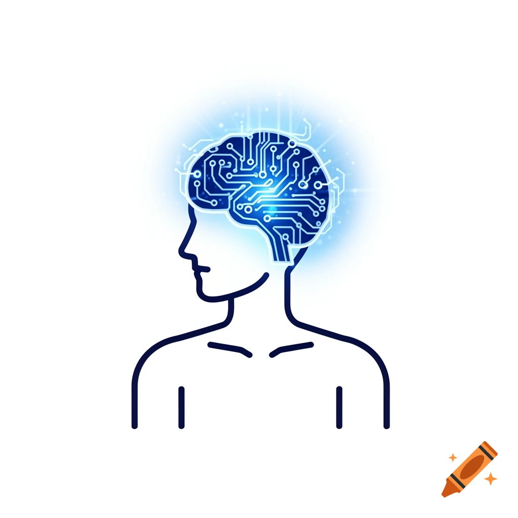 Minimalist blue icon of a human head silhouette in profile with a glowing circuit board brain.