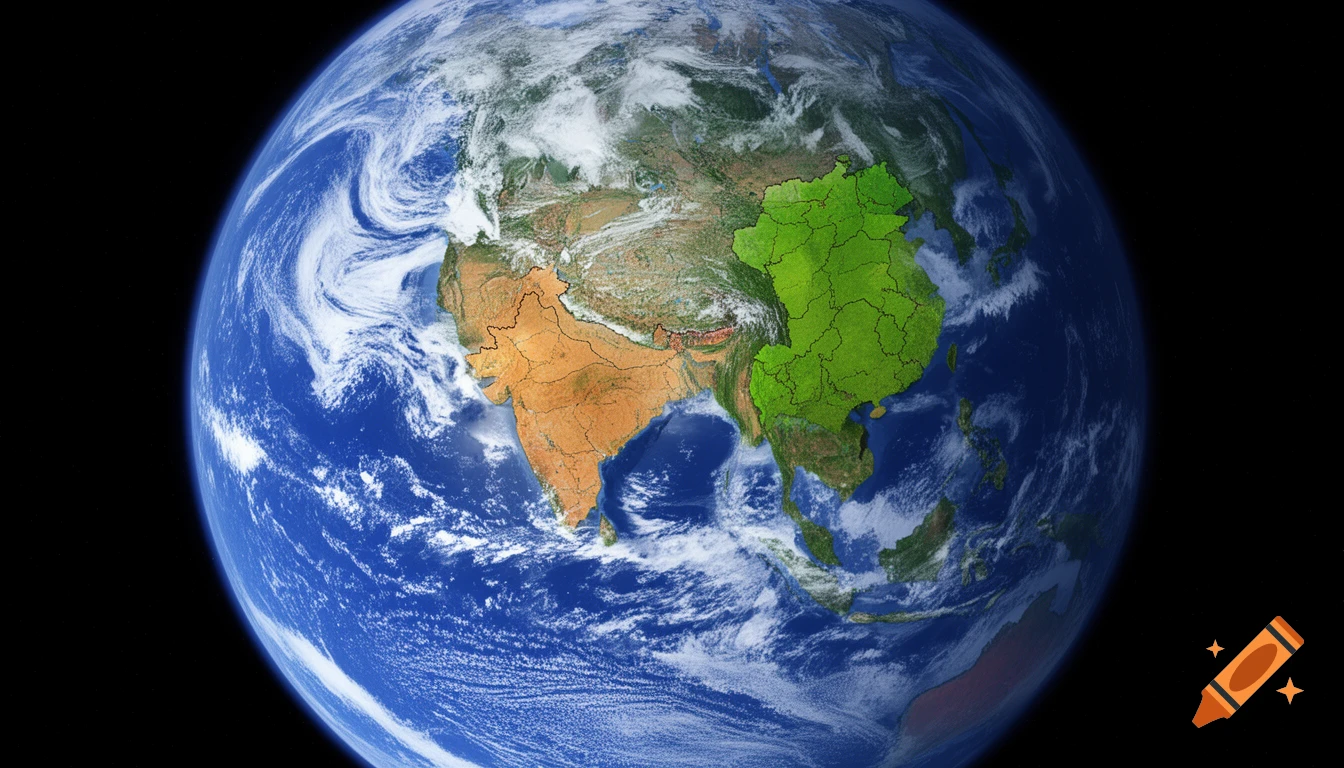 A vibrant view of Earth from space, with India highlighted in orange and Southeast Asia in green.