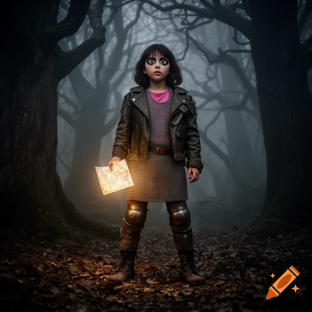 A child with wide, dark eyes in a leather jacket and chainmail armor holds a glowing map in a dark, foggy forest.