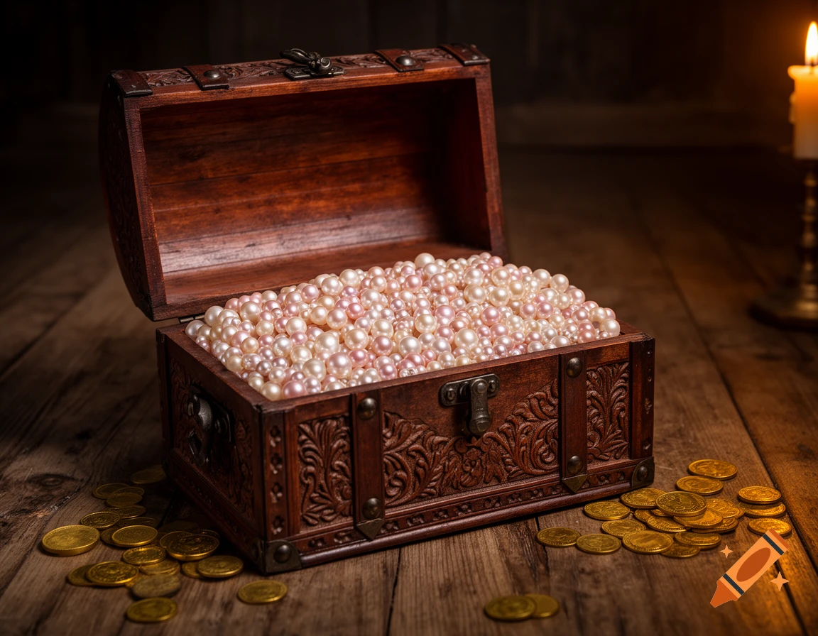 An open wooden treasure chest overflowing with pink and white pearls, surrounded by scattered gold coins and a lit candle.