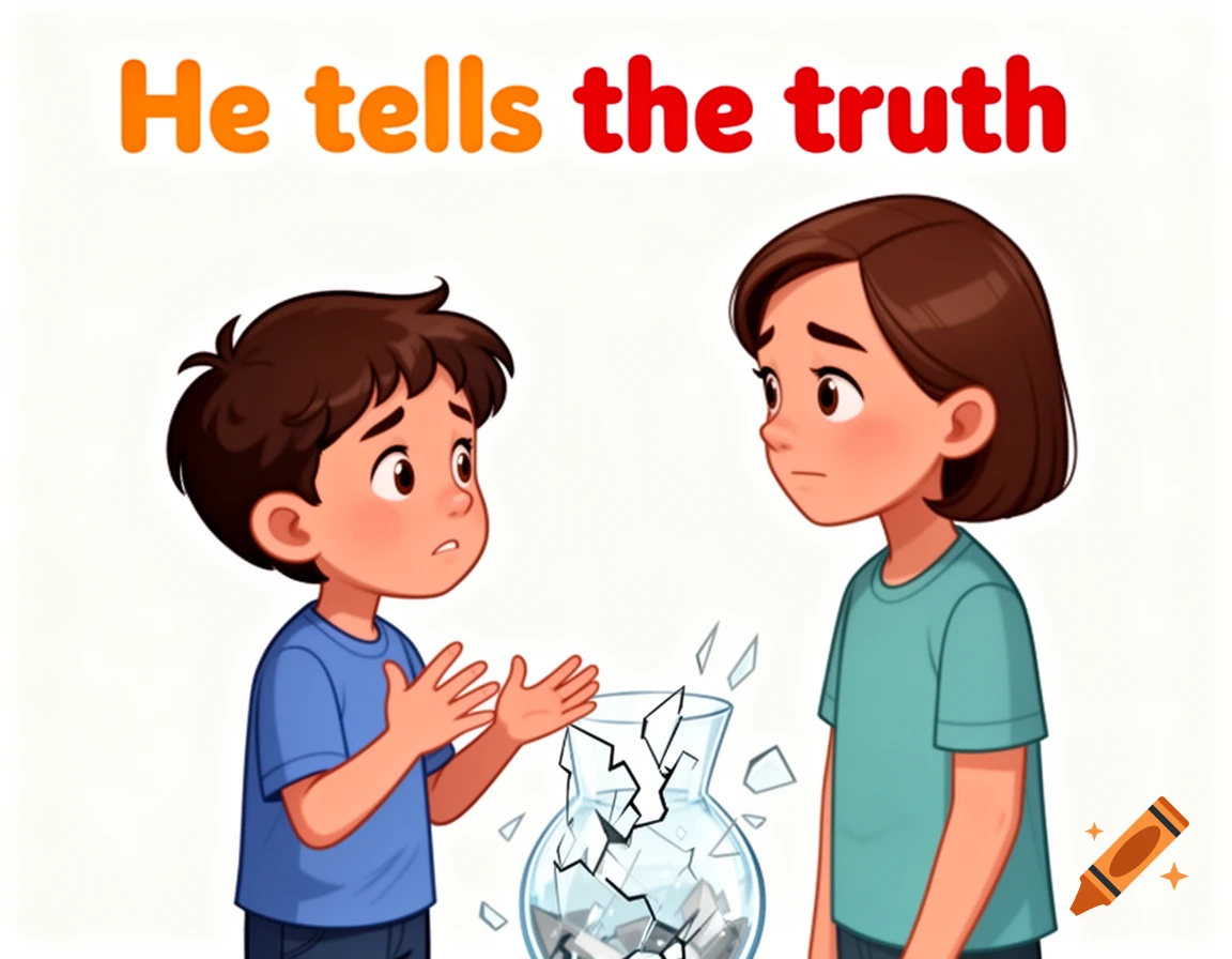 A cartoon boy looks nervous facing a calm girl with a broken vase between them, illustrating 'He tells the truth'.