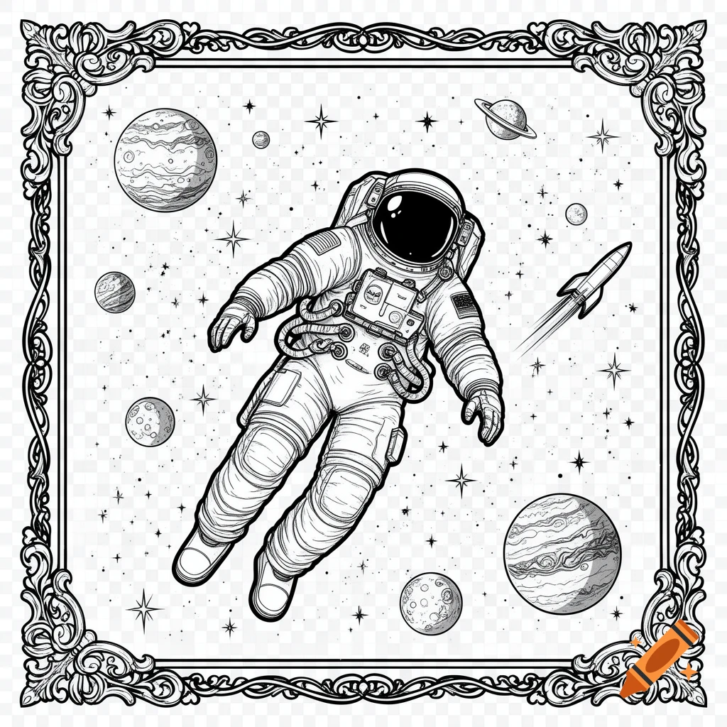 Black and white line art coloring page of an astronaut floating in space with planets, stars, and a rocket, all framed by an ornate border.