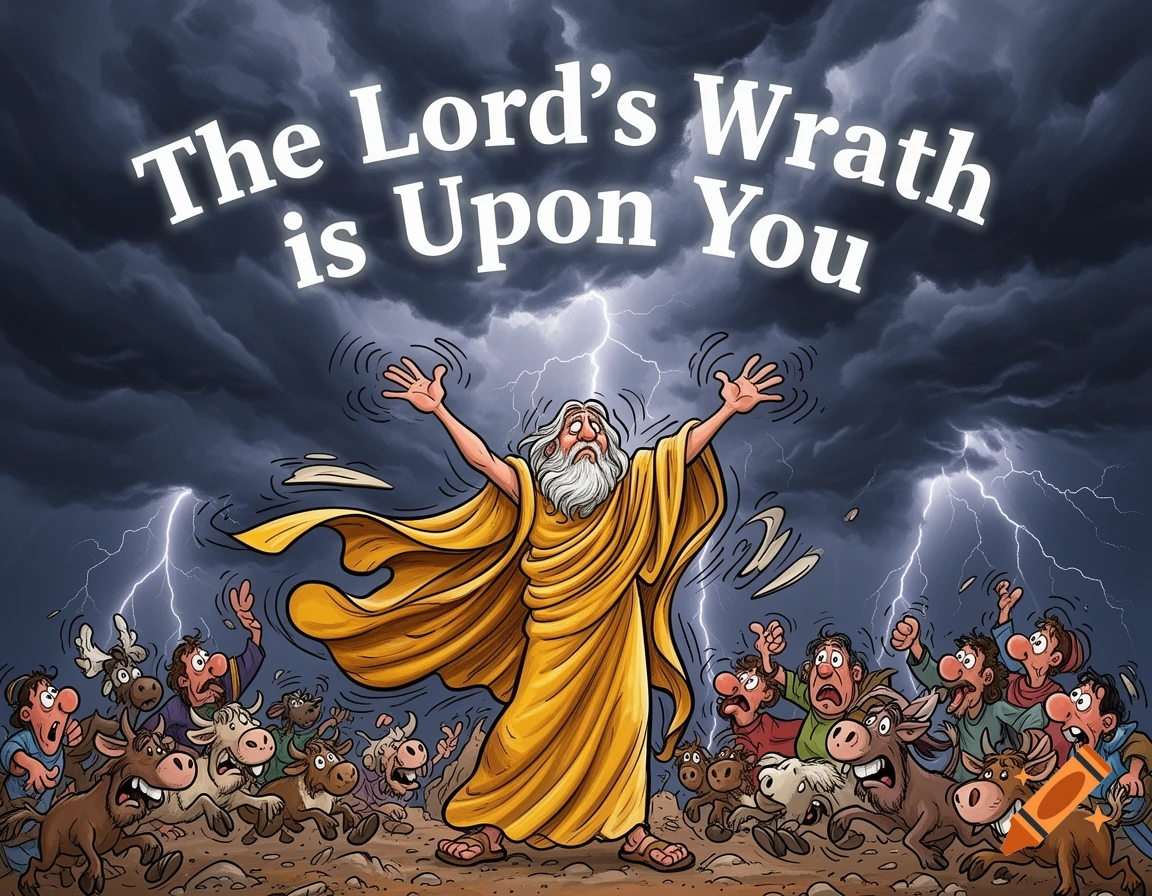 Cartoon of an old man with a white beard and golden robes, arms outstretched under a stormy sky with lightning, as scared people and animals flee around him. Text reads: "The Lord’s Wrath is Upon You".