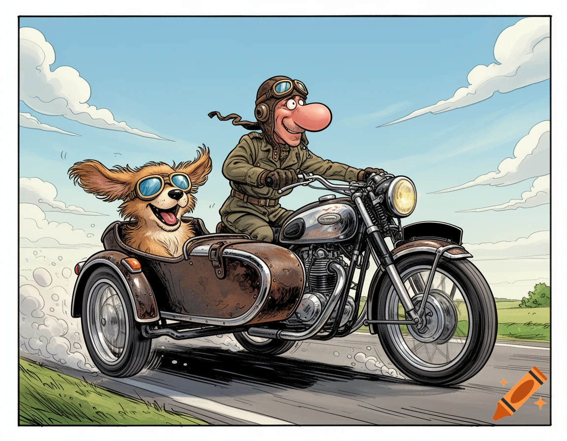 A cartoon man with a large nose drives an old motorcycle with a happy dog in the sidecar, its ears flapping in the wind.