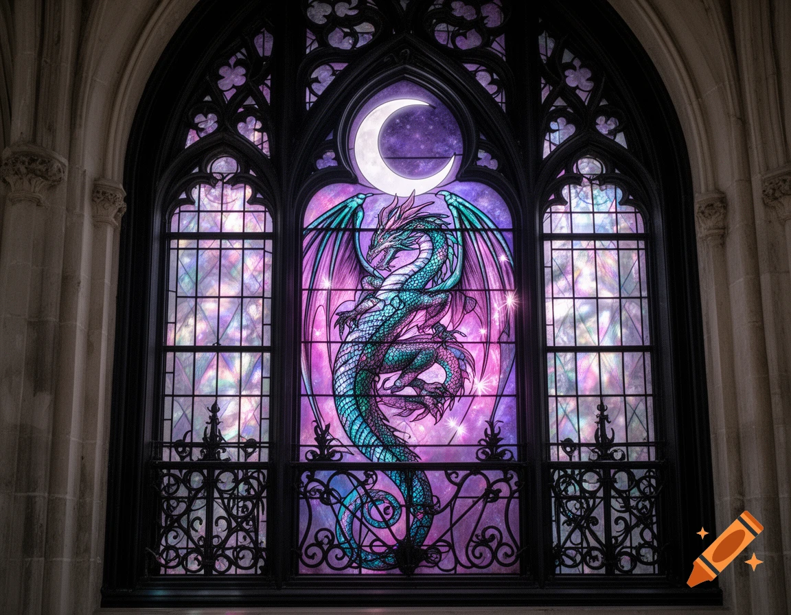 A gothic church window with a black frame featuring a purple, pink, and teal stained glass design of a dragon with a crescent moon above it.