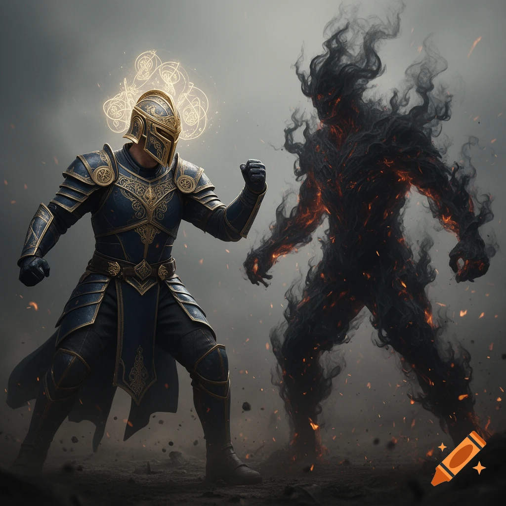 A knight in blue and gold armor with glowing magical symbols above his head stands ready to fight a menacing smoke and fire monster on a desolate, ash-strewn ground.